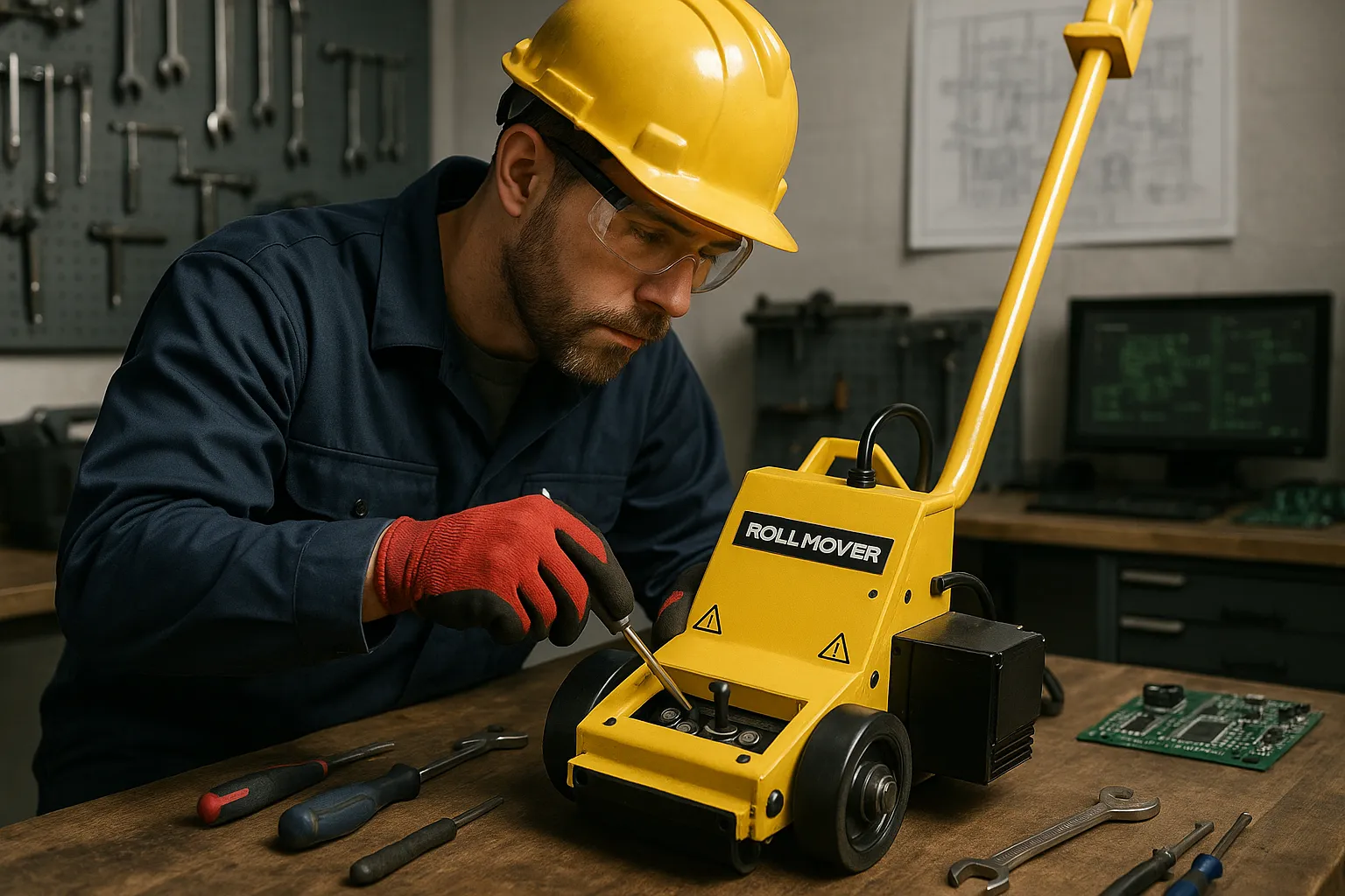 Technician repairing a roll mover